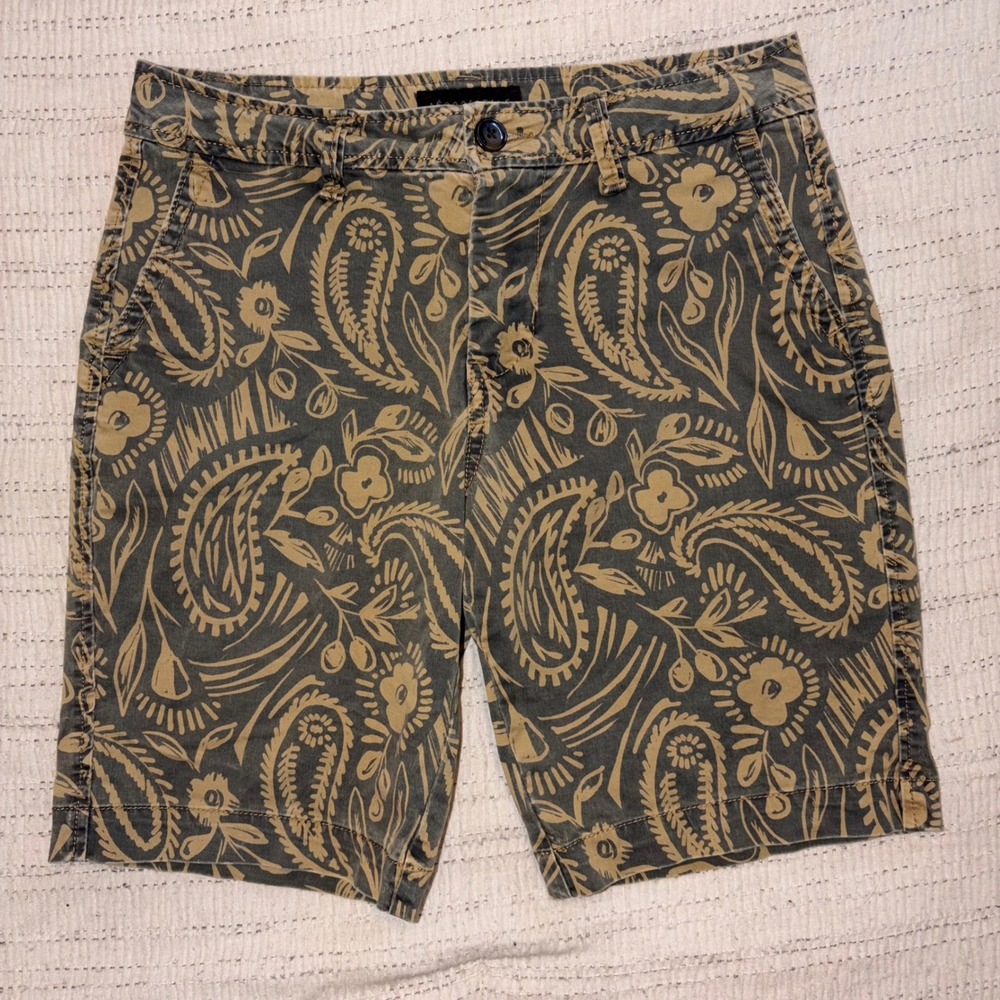 Aeropostale Mens Paisley Floral Shorts Olive Tan Stretch Chino Boho Size 28